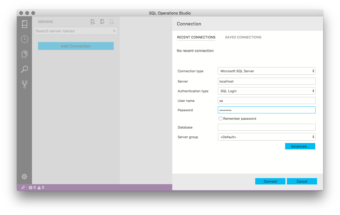 Microsoft SQL Operations Studio starting screen