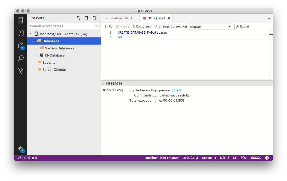 Microsoft SQL Operations Studio starting screen