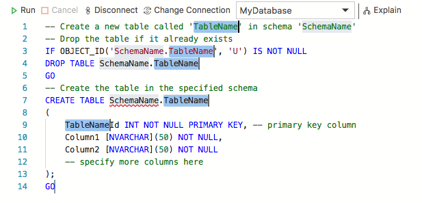 The snippet expands to a full Create Table statement