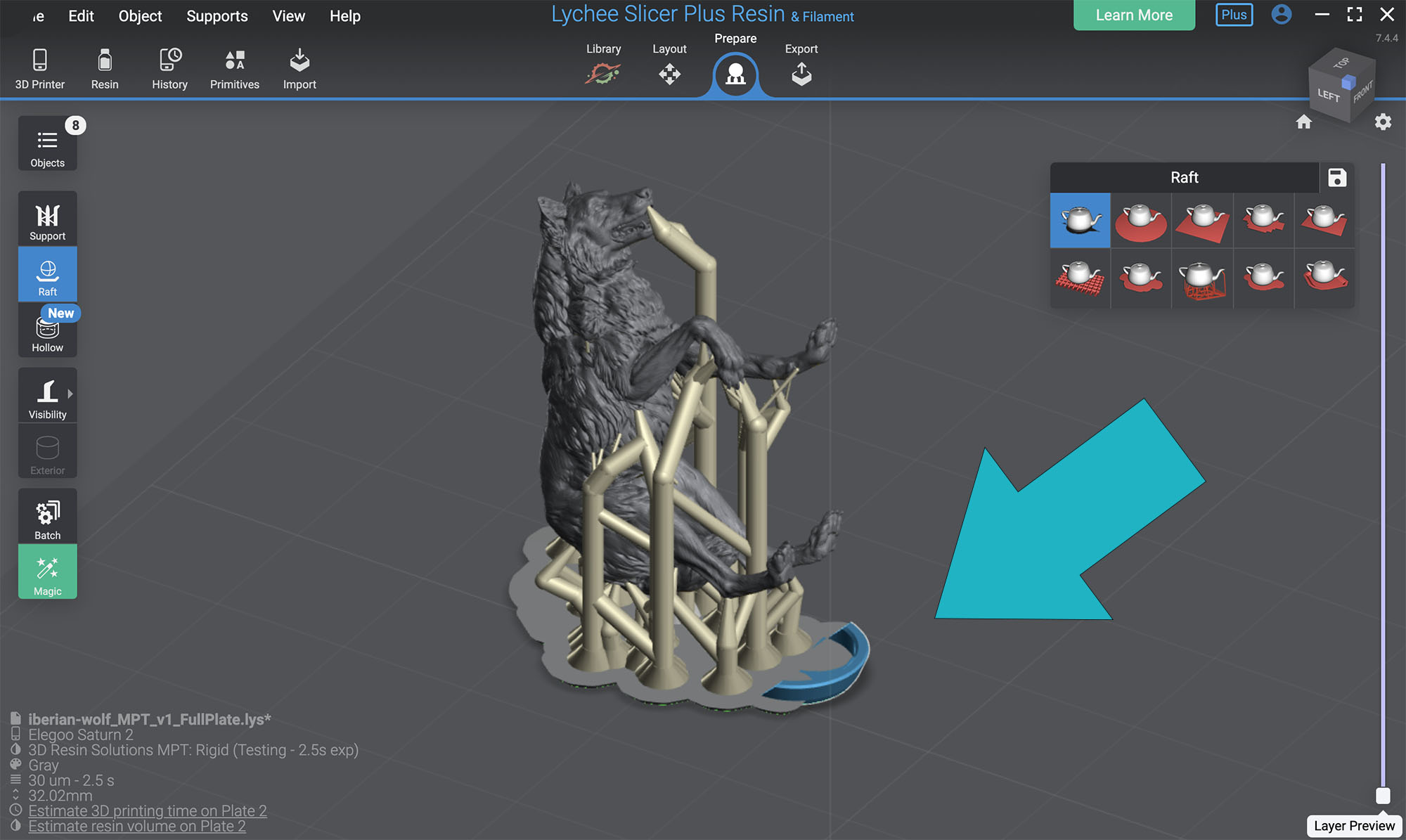 The resin wedge added to the raft of a 3D model before slicing